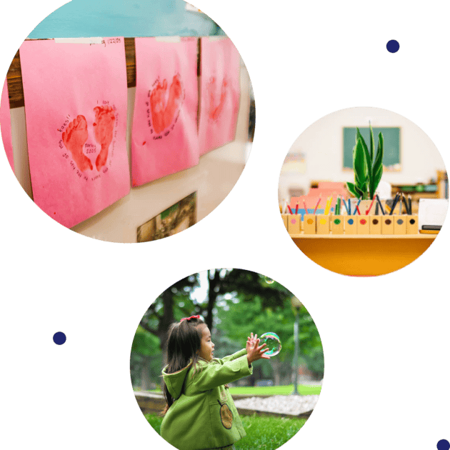 Three circles with different images of daycare centers.